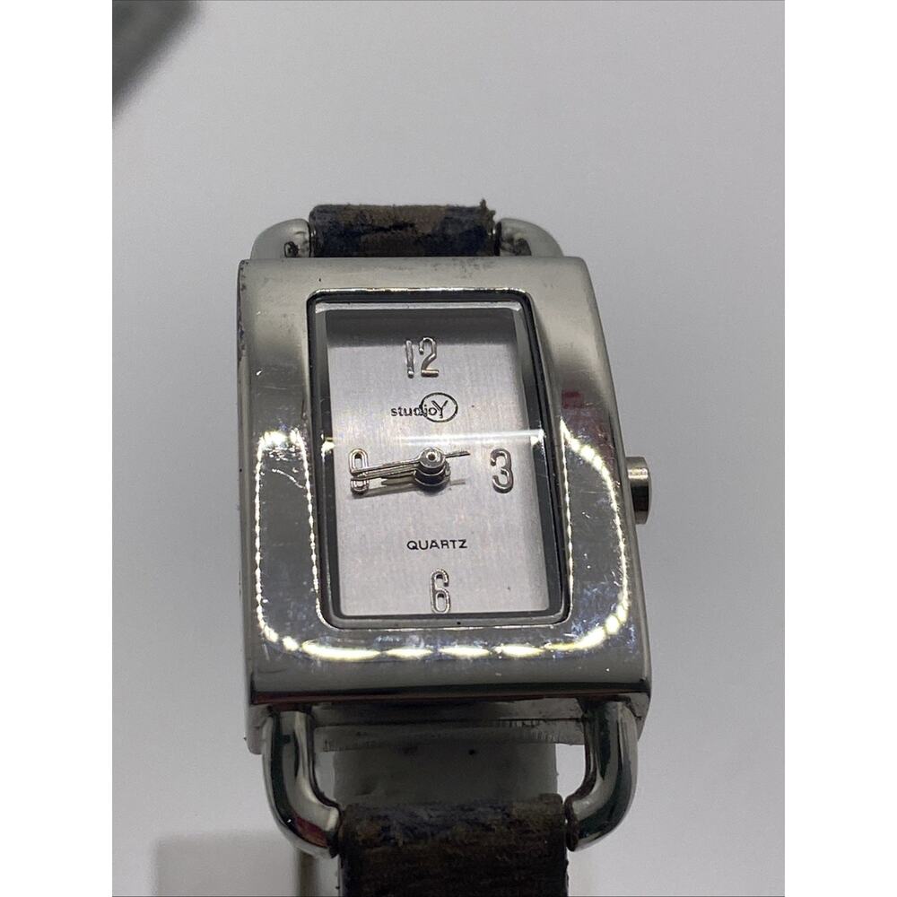 Studio Y Womens Silver Tone Tank Watch Works New Battery